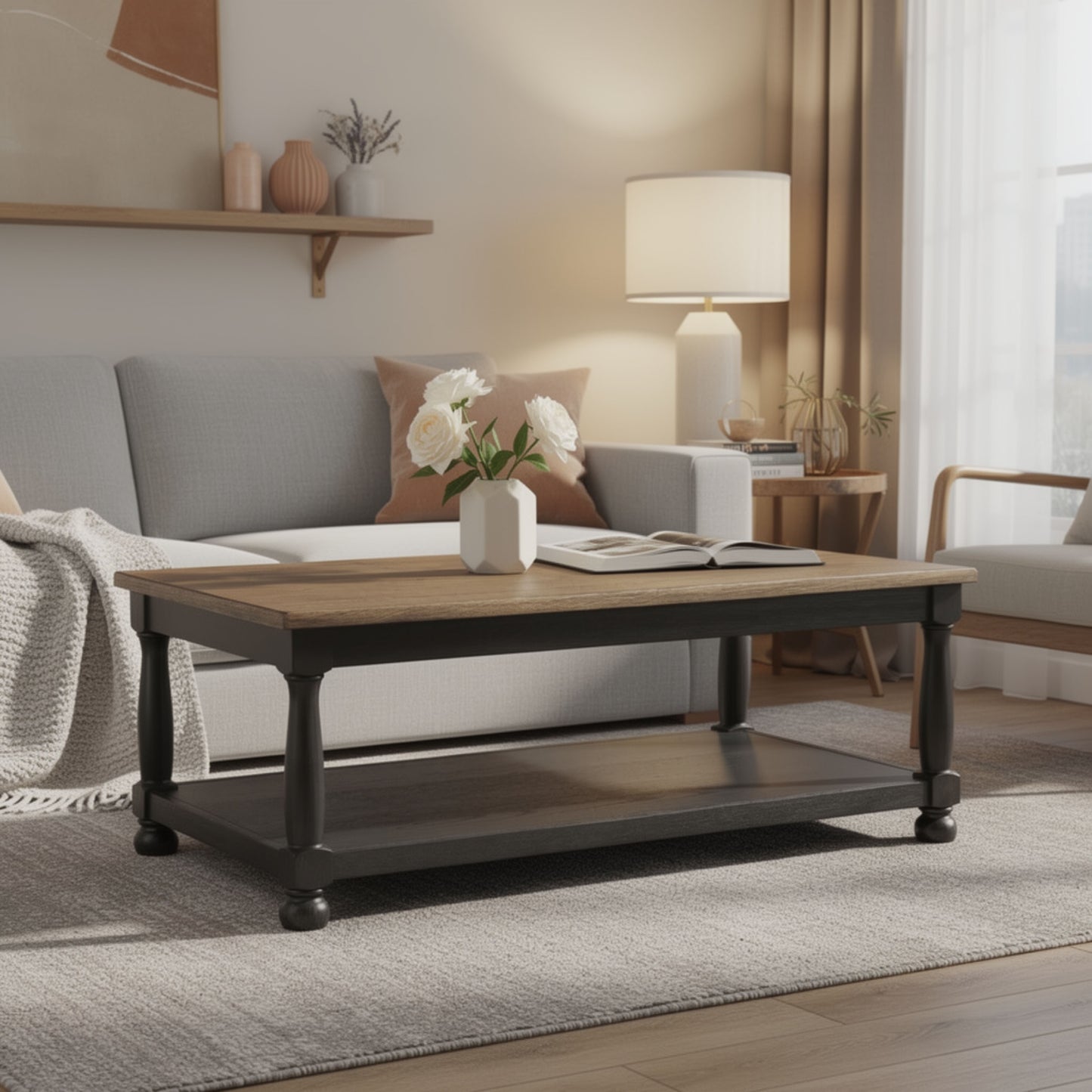 Ginie Coffee Table, 2 Tone Rustic Black, Brown Rubberwood, 48 Inch