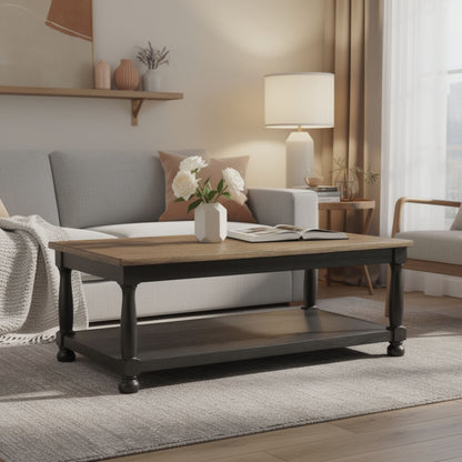 Ginie Coffee Table, 2 Tone Rustic Black, Brown Rubberwood, 48 Inch