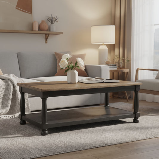 Ginie Coffee Table, 2 Tone Rustic Black, Brown Rubberwood, 48 Inch