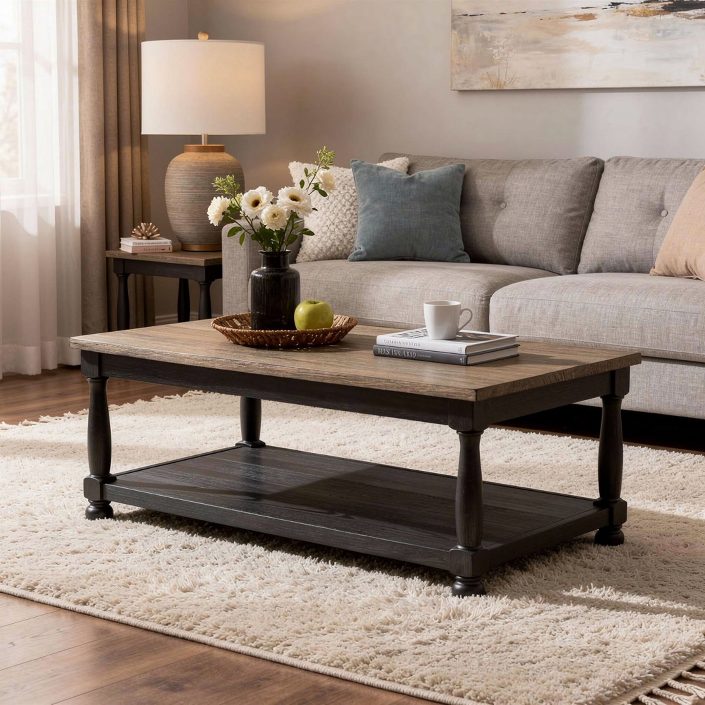 Ginie Coffee Table, 2 Tone Rustic Black, Brown Rubberwood, 48 Inch