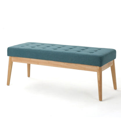 Gisa Ottoman Bench, Teal Blue Fabric Tufted Seat, 44 Inch Brown Wood