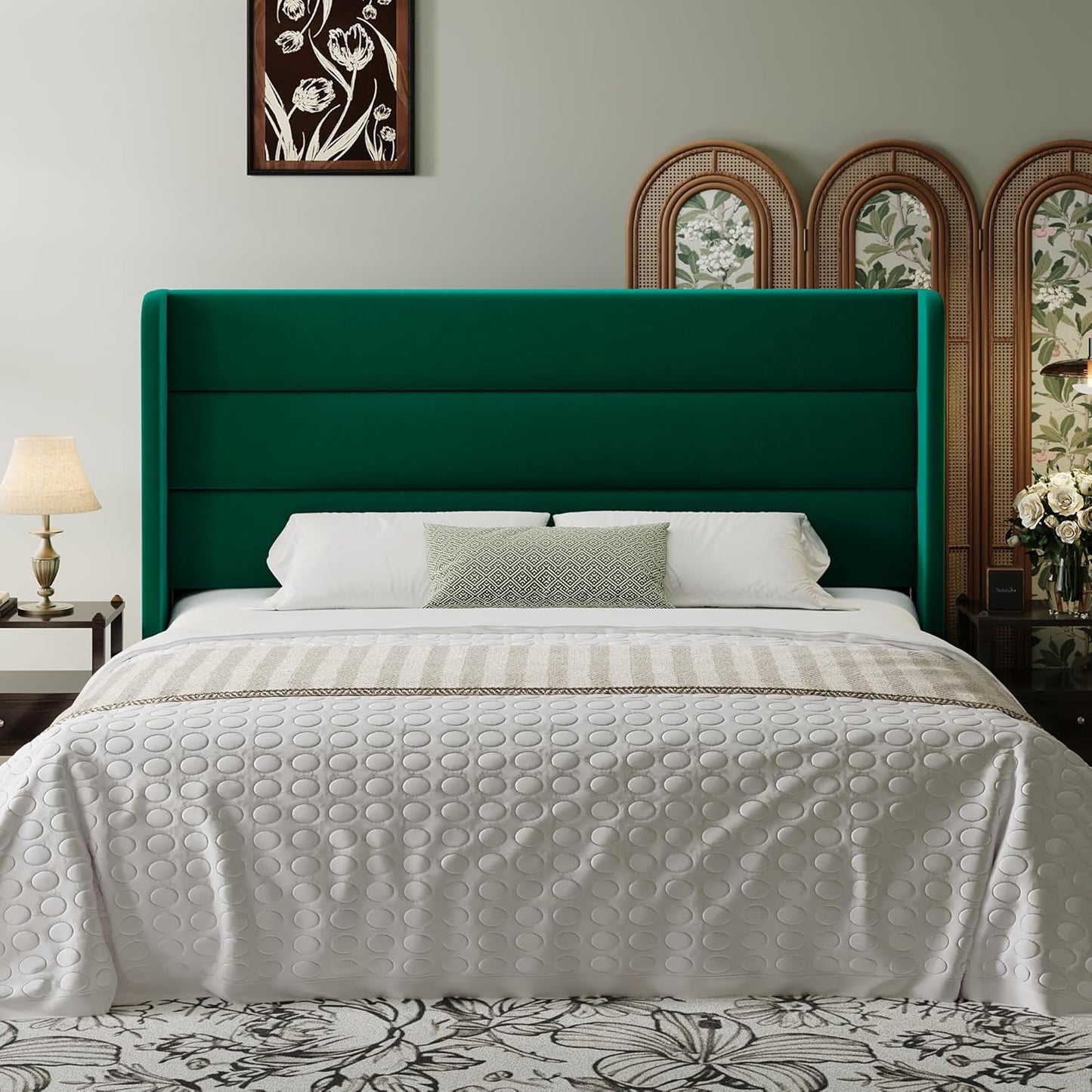 Hiu Queen Size Bed, Wingback Headboard in Black Velvet Like Upholstery