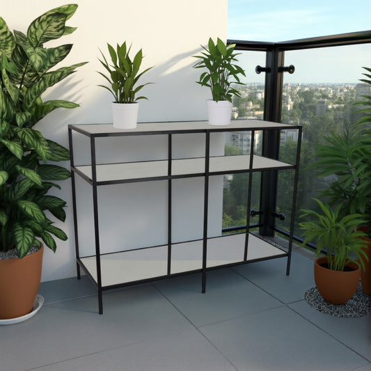 Gwen Plant Stand with 3 Mirrored Shelves, Black Metal Frame 40 Inch