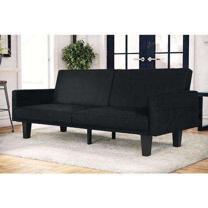 Modern Black Microfiber Upholstered Sofa Bed with Classic Wood Feet