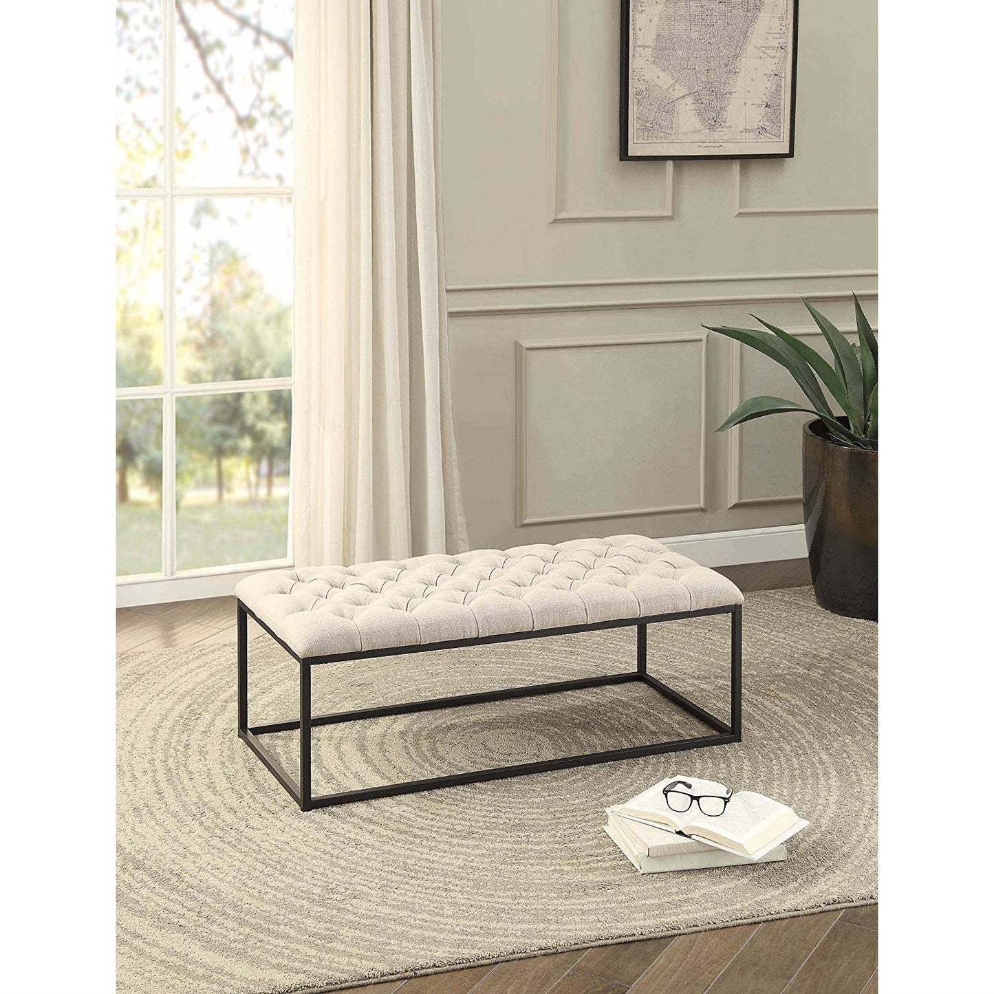Beige Fabric Padded Button-Tufted Ottoman Accent Bench with Metal Frame