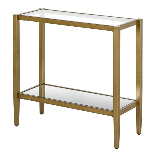 Rectangular Side Table Gold Antique Brass Metal Glass Top Bottom Shelf Sofa Table