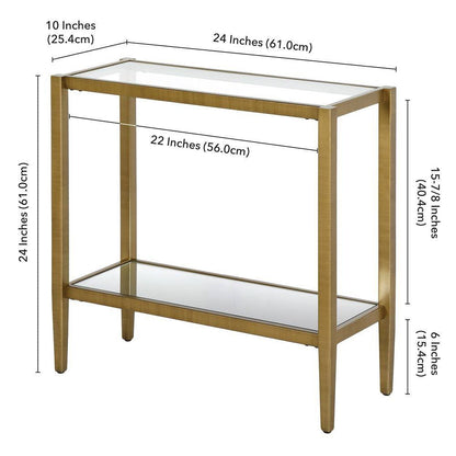 Rectangular Side Table Gold Antique Brass Metal Glass Top Bottom Shelf Sofa Table