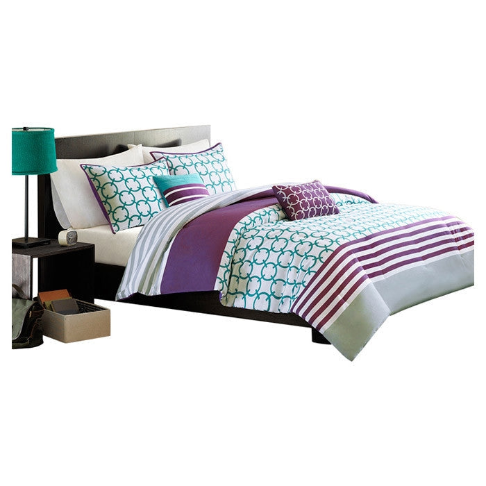 Twin/Twin XL 4-Piece Comforter Set Purple White Teal Circles & Stripes