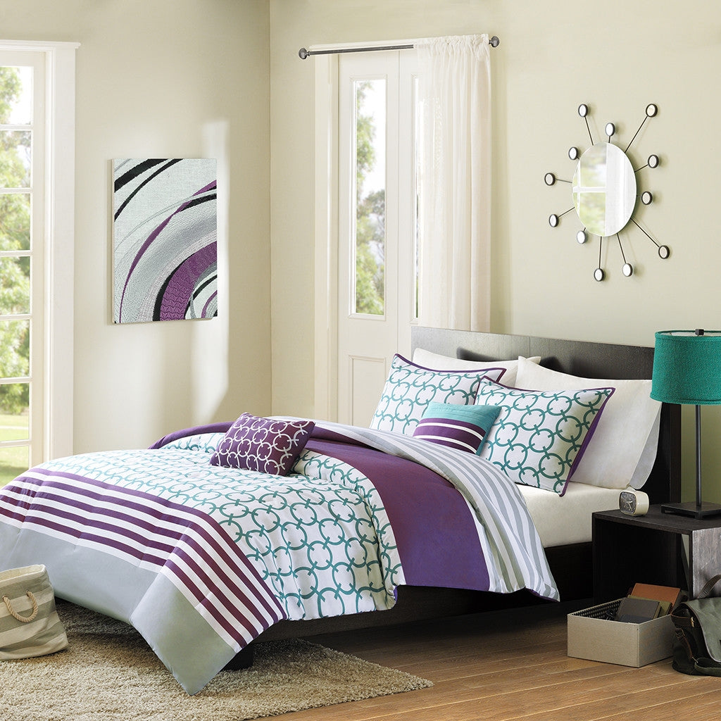 Twin/Twin XL 4-Piece Comforter Set Purple White Teal Circles & Stripes