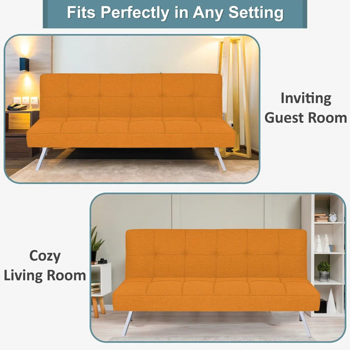Modern Tangerine Orange Fabric Futon Sleeper Sofa Bed with Metal Legs