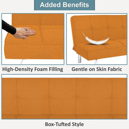 Modern Tangerine Orange Fabric Futon Sleeper Sofa Bed with Metal Legs