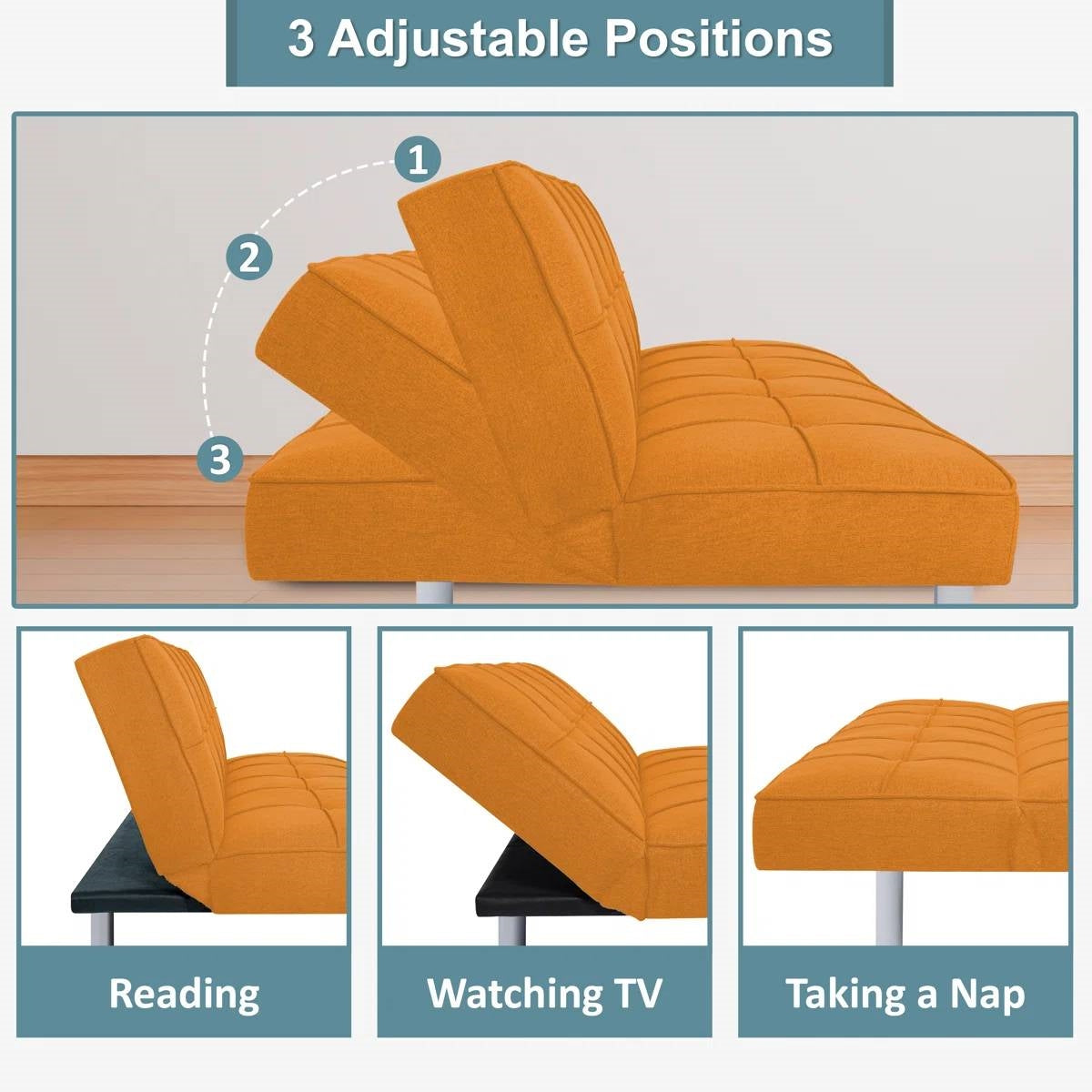 Modern Tangerine Orange Fabric Futon Sleeper Sofa Bed with Metal Legs