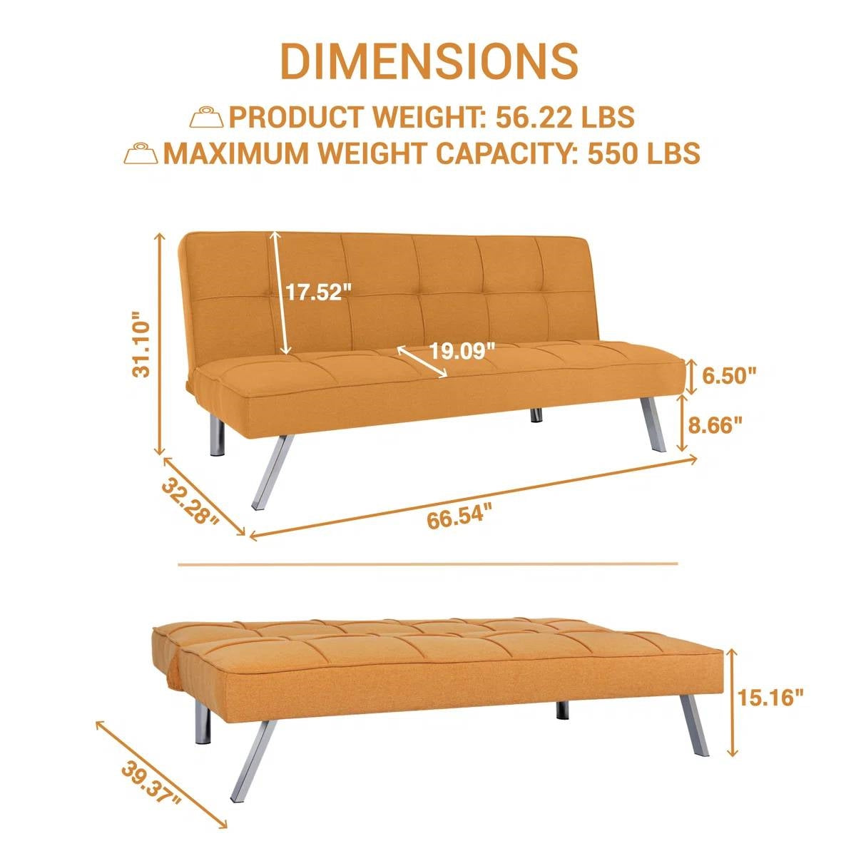 Modern Tangerine Orange Fabric Futon Sleeper Sofa Bed with Metal Legs