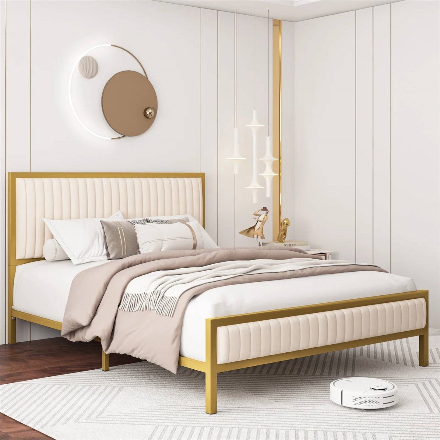 Queen size Gold Metal Platform Bed Frame with Beige White Upholstered Headboard — Chic Home-Decor