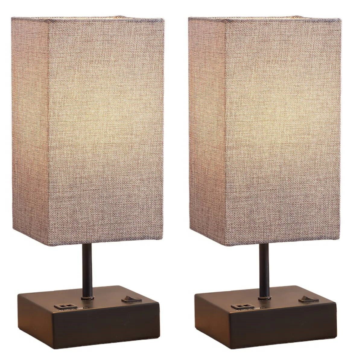 Set of 2 - Modern Rectangle Shape USB Table Lamp with Grey Linen Shade