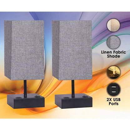 Set of 2 - Modern Rectangle Shape USB Table Lamp with Grey Linen Shade