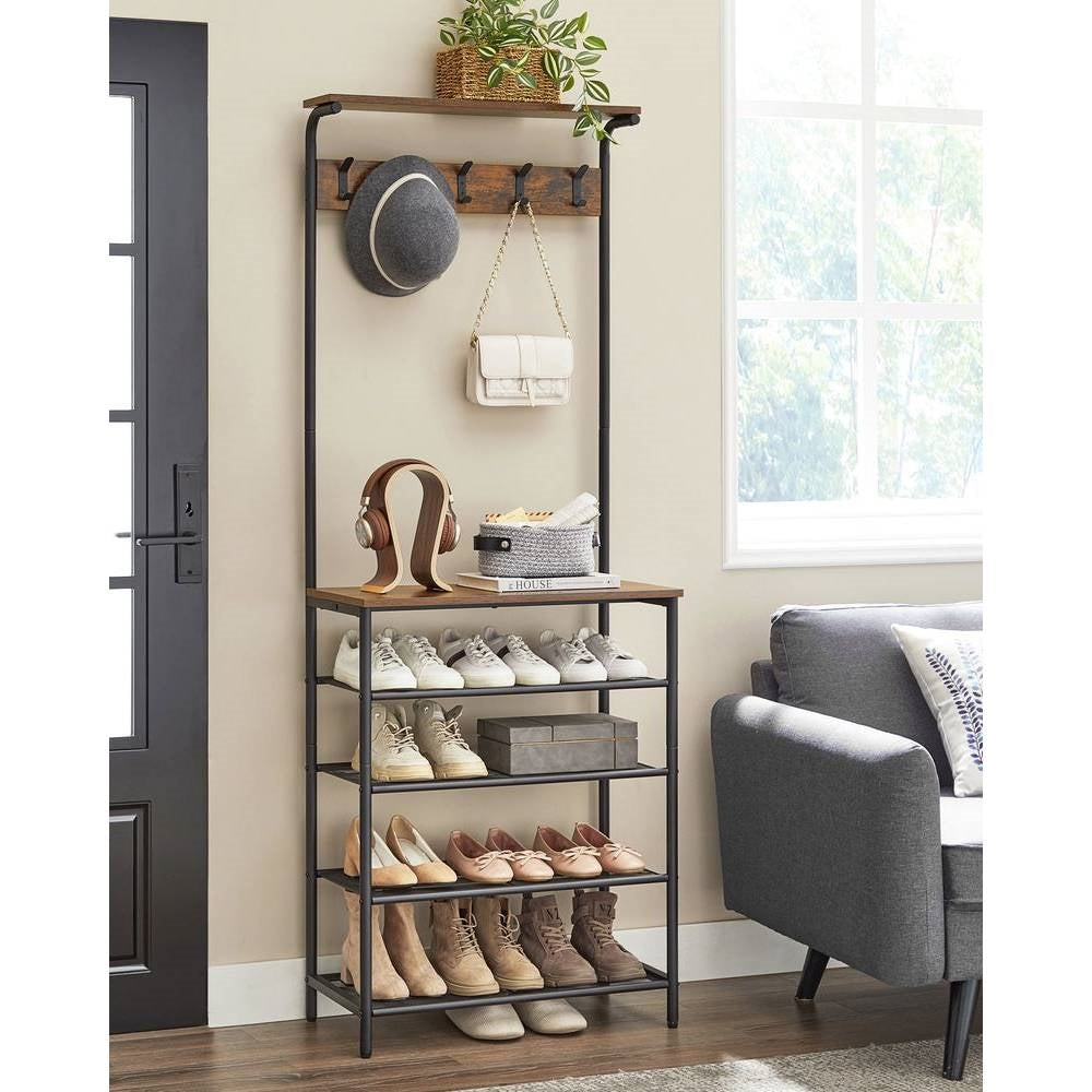 Modern Industrial Style Hall Tree Coat Rack Entryway Shoe Rack with 4 Shelves — Chic Home-Decor