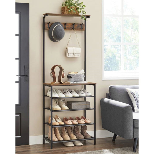 Modern Industrial Style Hall Tree Coat Rack Entryway Shoe Rack with 4 Shelves — Chic Home-Decor