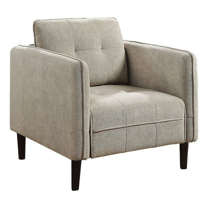 Hak 33 Inch Accent Chair, Rounded Arms, Biscuit Tufting, Wood Legs, Taupe