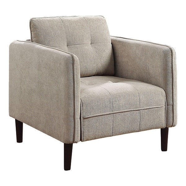 Hak 33 Inch Accent Chair, Rounded Arms, Biscuit Tufting, Wood Legs, Taupe
