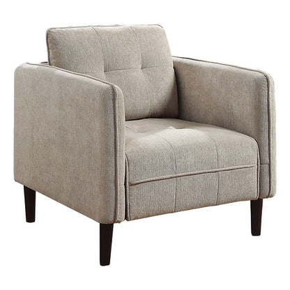 Hak 33 Inch Accent Chair, Rounded Arms, Biscuit Tufting, Wood Legs, Taupe