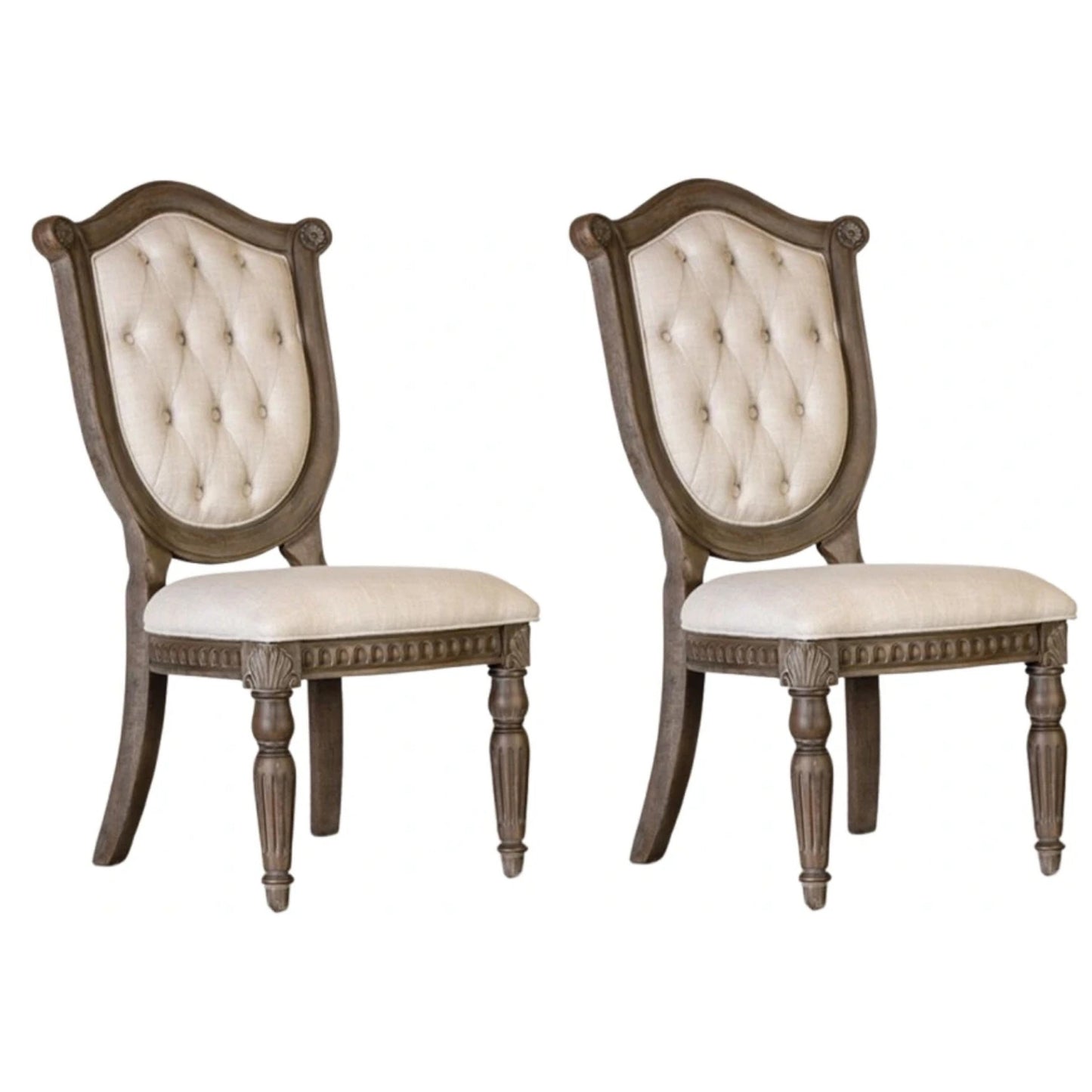 Hama Dining Armchair Set of 2, Weathered Oak Wood, Tufted Beige Fabric