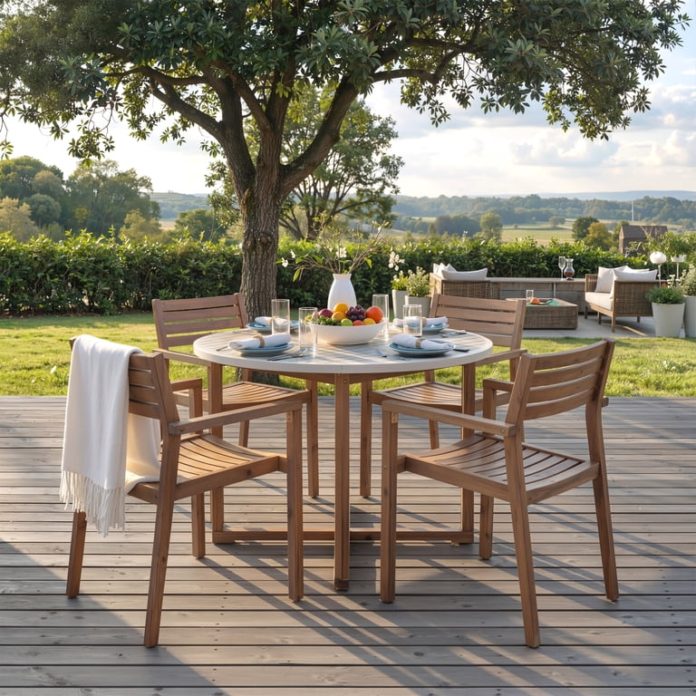 Outdoor Dining Chair Set of 4, Slatted Brown Acacia Wood, Gray Fabric