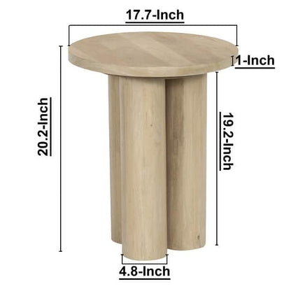 Hazel Side Table with 3 Pillar Legs, Handcrafted Natural Brown Mango Wood, 17.7 Inch Round Top