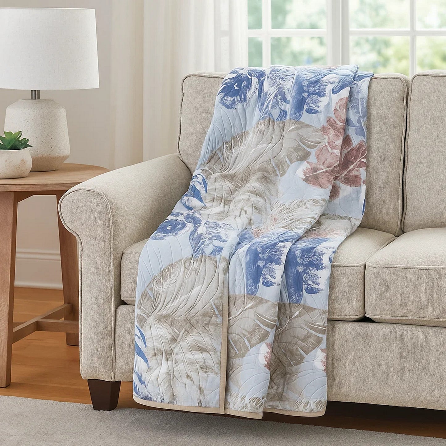 Heli 50x60 Quilted Throw Blanket, Blue Pink, Khaki Tropical Print