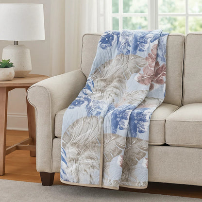 Heli 50x60 Quilted Throw Blanket, Blue Pink, Khaki Tropical Print
