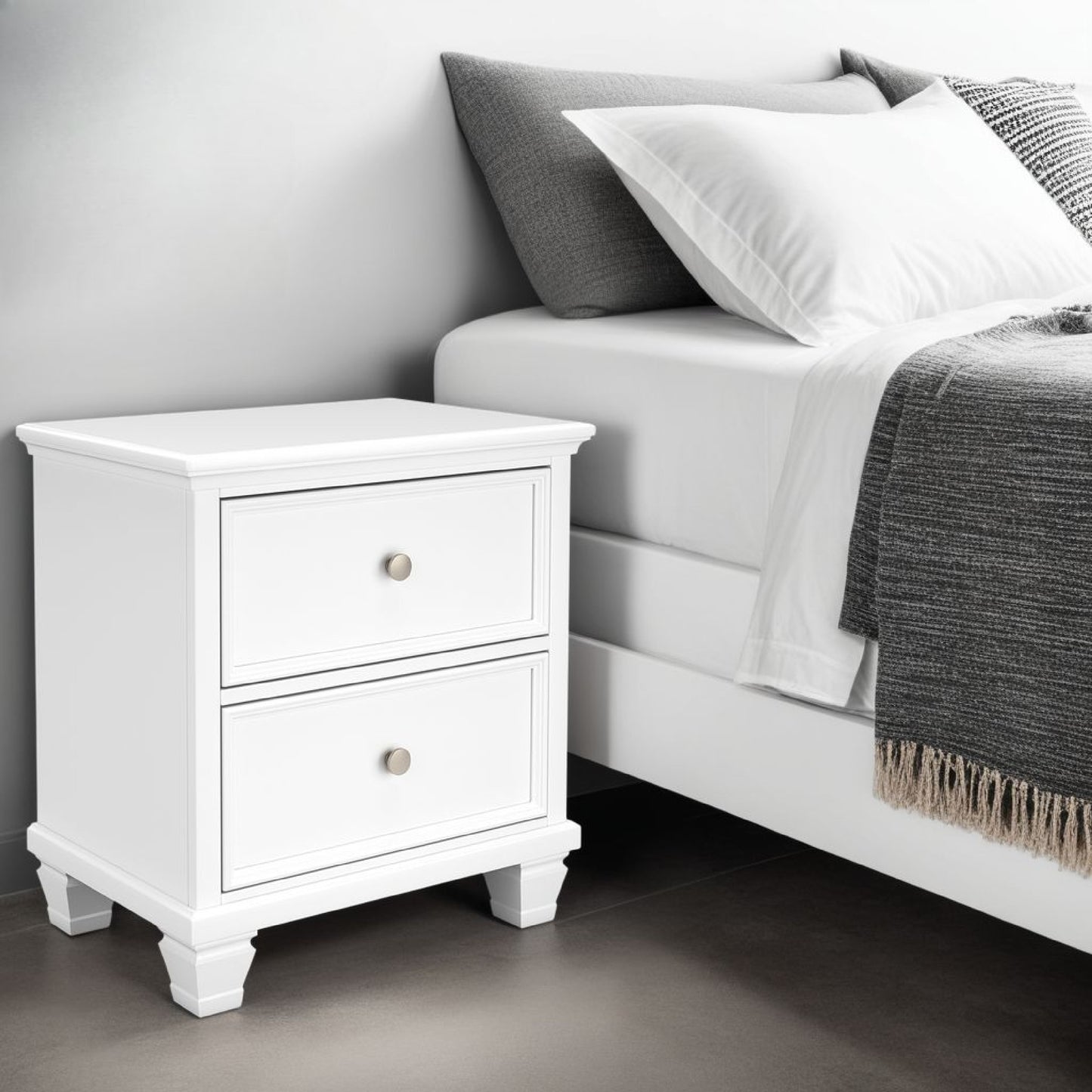 Heno Nightstand, 2 Wide Storage Drawers, Nickel Round Knobs, White