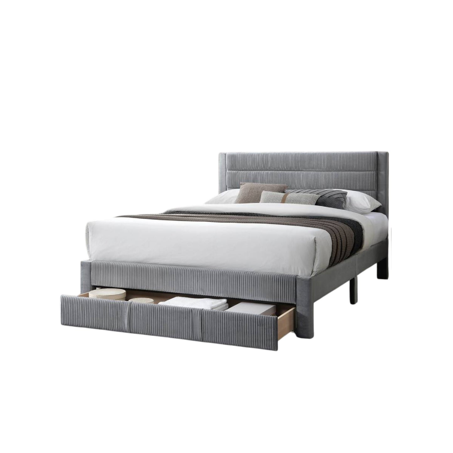 Heo Queen Size Bed w Storage Drawer, Light Gray Corduroy Upholstery