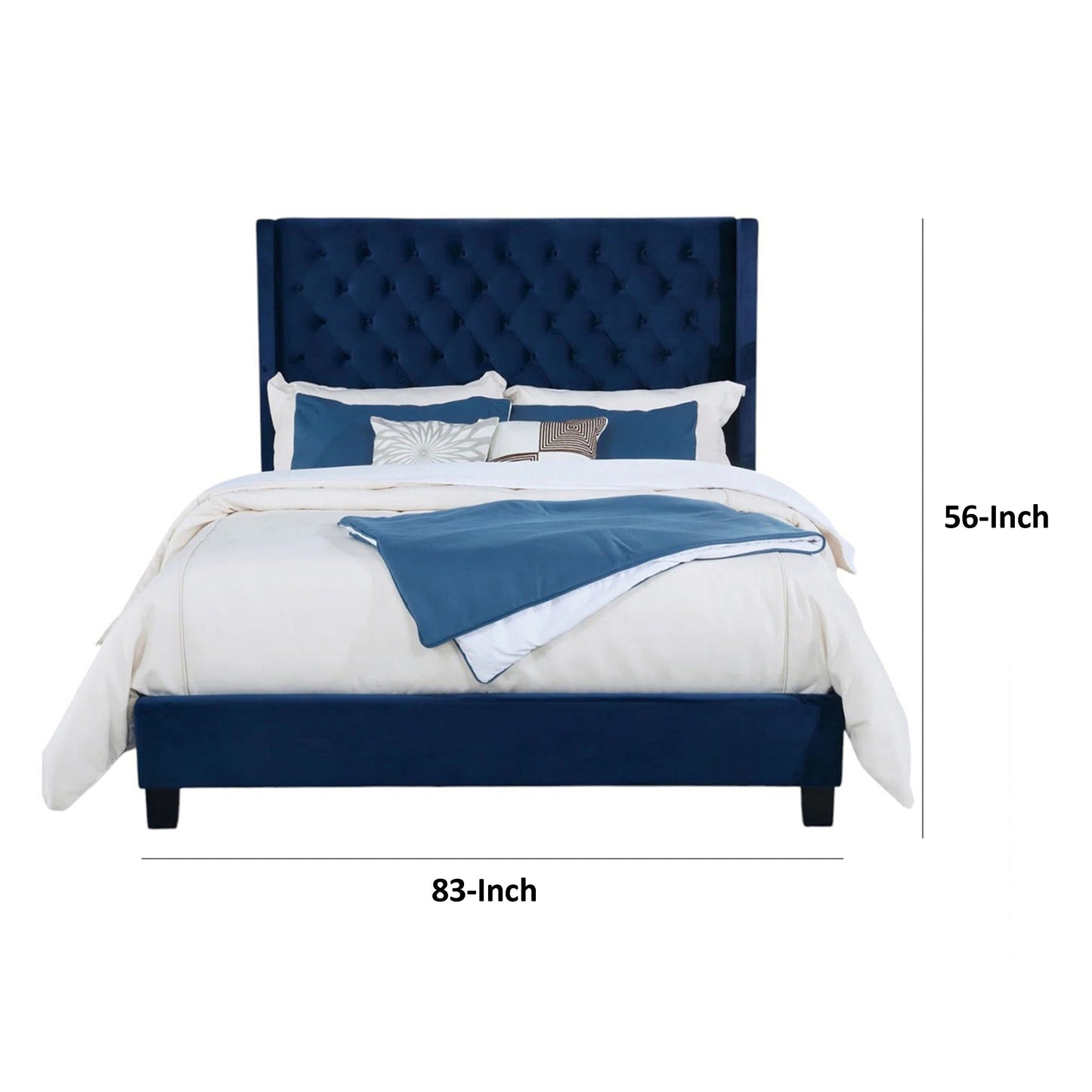 Hiu Queen Size Bed, Wingback Headboard, Navy Blue Velvet Like Upholstery
