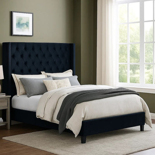 Hiu Queen Size Bed, Wingback Headboard in Black Velvet Like Upholstery