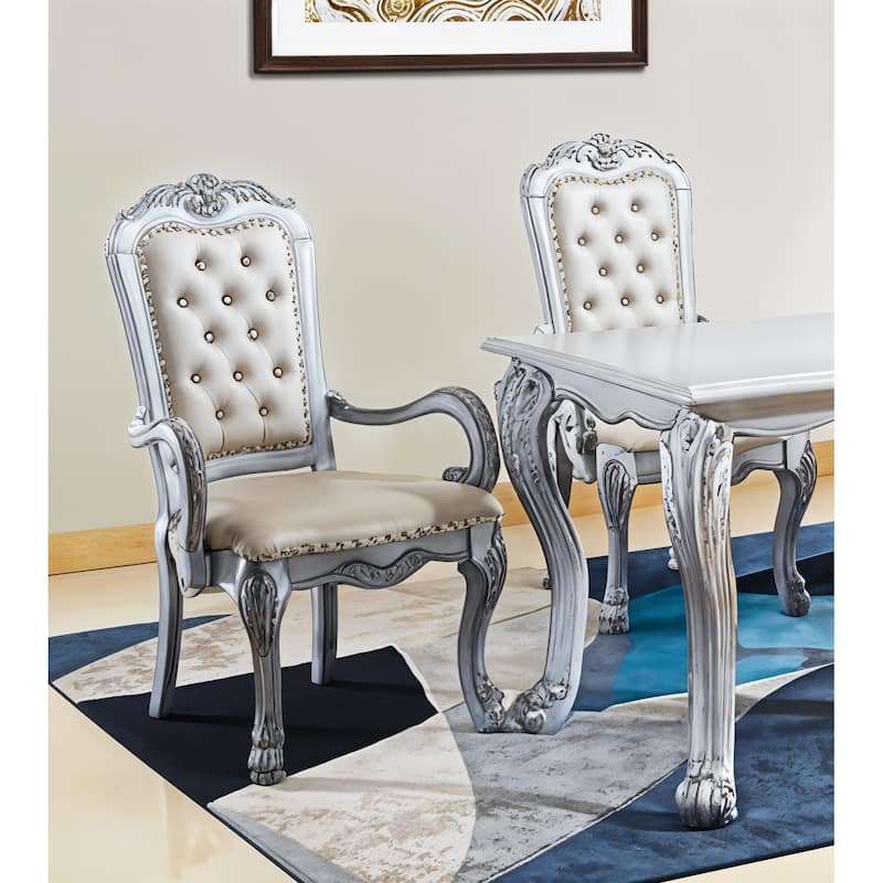 Faux Leather Upholstered Wooden Arm Chairs, Set of Two, White and Gray