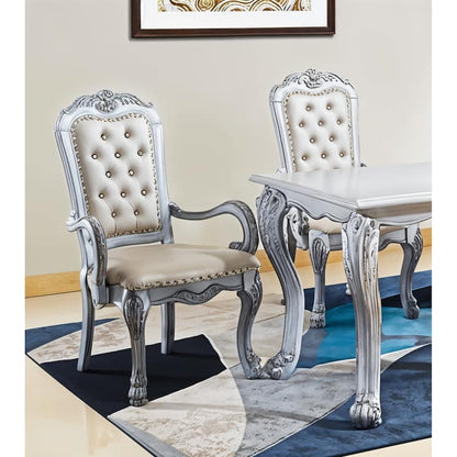 Faux Leather Upholstered Wooden Arm Chairs, Set of Two, White and Gray