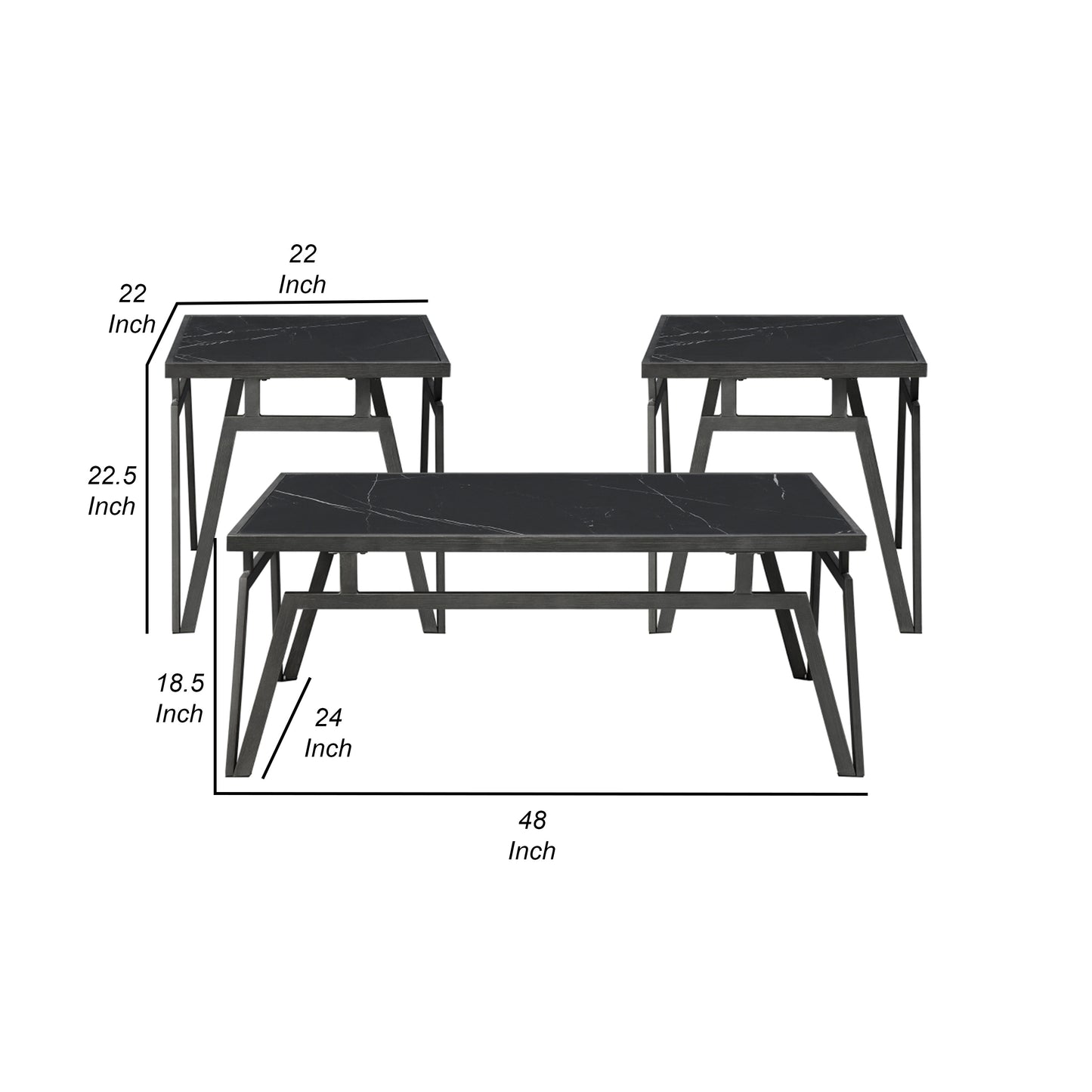Howie 3pc Coffee and End Table Set, Black Sintered Stone, Bronze