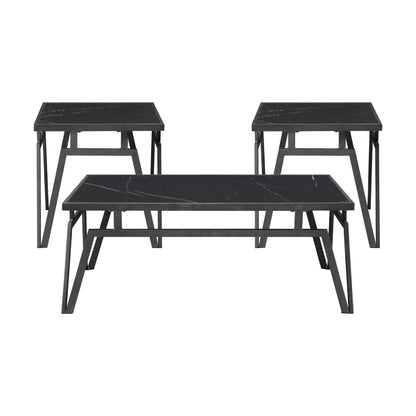 Howie 3pc Coffee and End Table Set, Black Sintered Stone, Bronze