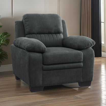 Hugh 36 Inch Accent Chair, Dark Gray Polyester, Foam Cushioned, Solid Wood