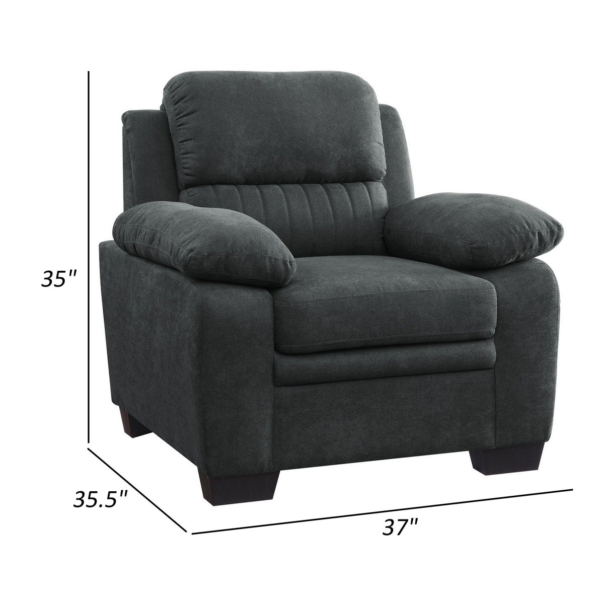 Hugh 36 Inch Accent Chair, Dark Gray Polyester, Foam Cushioned, Solid Wood