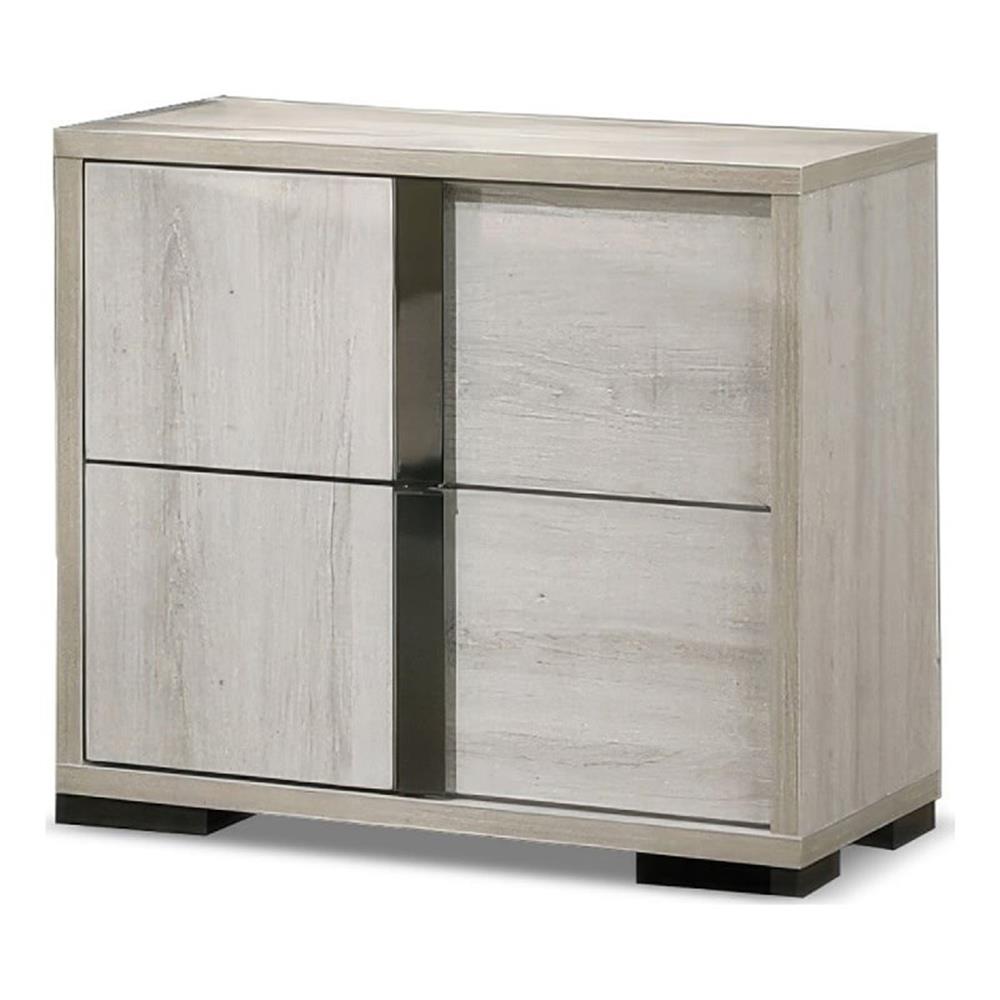 Hyao Nightstand, 26 Inch, 2 Drawers, Chrome Handles, White Wash Veneer
