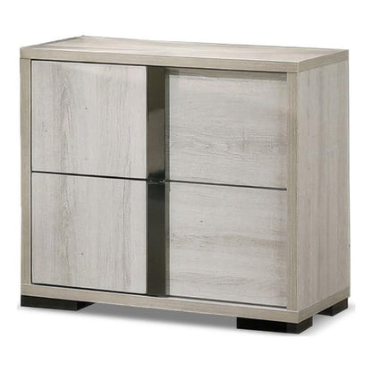 Hyao Nightstand, 26 Inch, 2 Drawers, Chrome Handles, White Wash Veneer