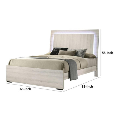Hyao Queen Size Bed w LED on Headboard, Antique White Wash Finsih