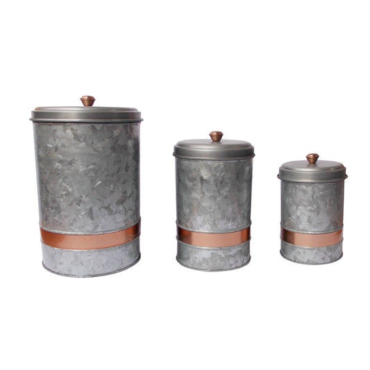 Miri galvanized metal lidded canisters with copper bands, set of 4, antique gray