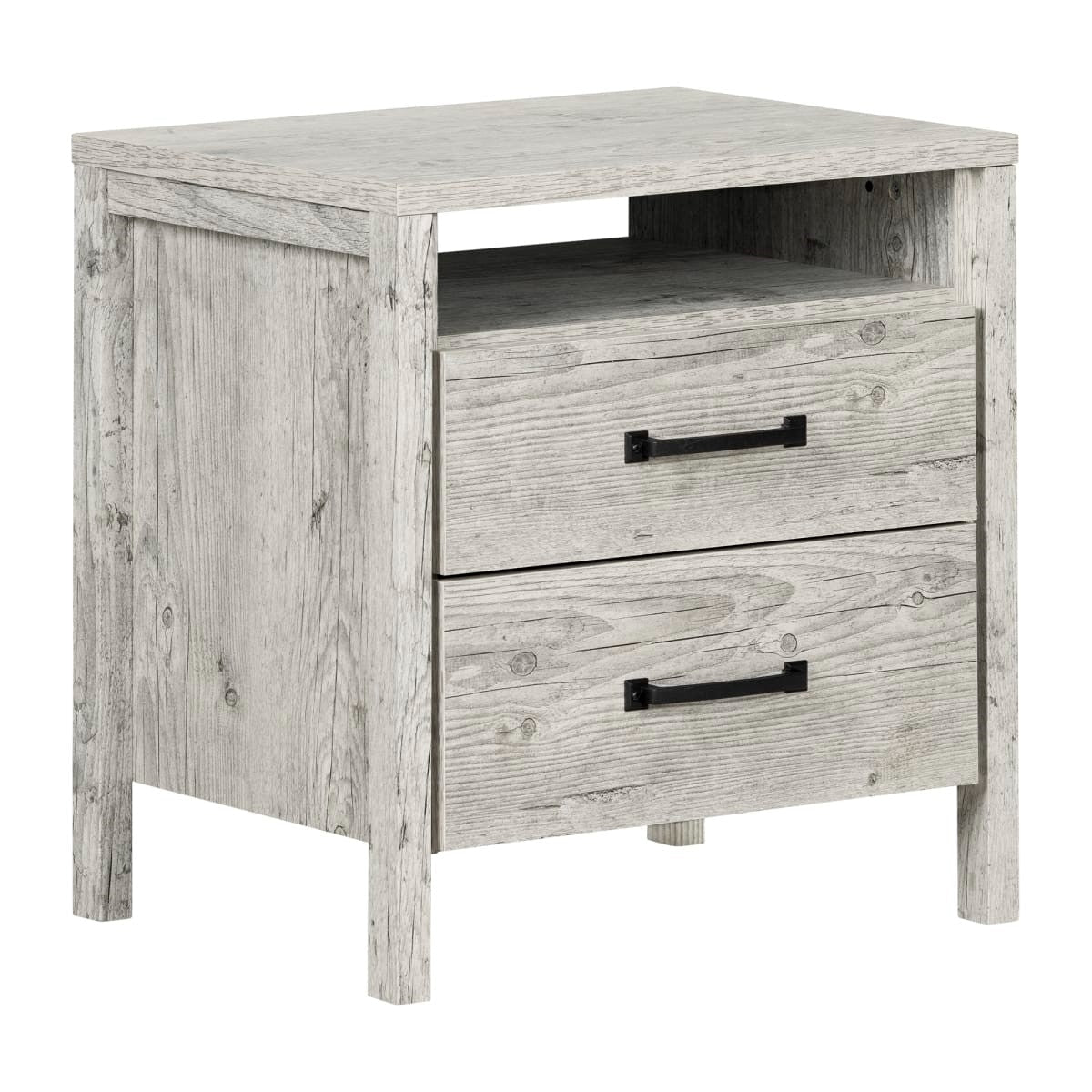 Modern Washed Pine 2 Drawer Nightstand Cubby Storage Shelf — Chic Home-Decor
