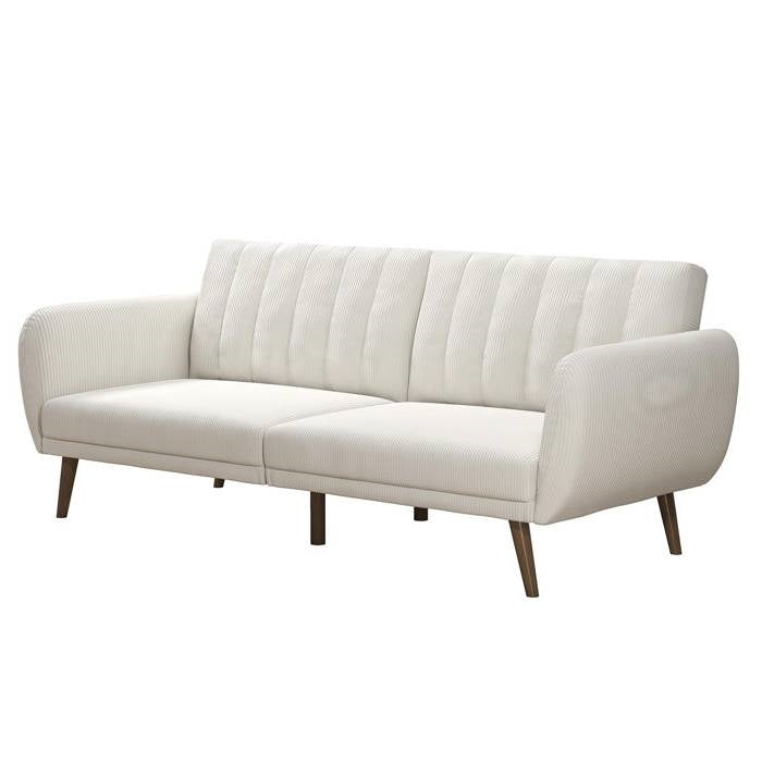 Ivory Corduroy Futon Sofa Bed with Modern Mid-Century Style Wooden Legs