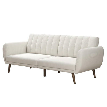 Ivory Corduroy Futon Sofa Bed with Modern Mid-Century Style Wooden Legs