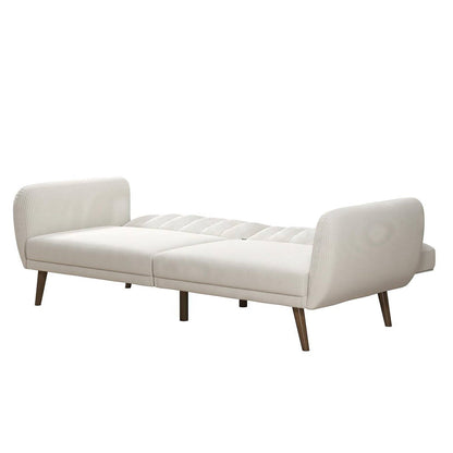 Ivory Corduroy Futon Sofa Bed with Modern Mid-Century Style Wooden Legs