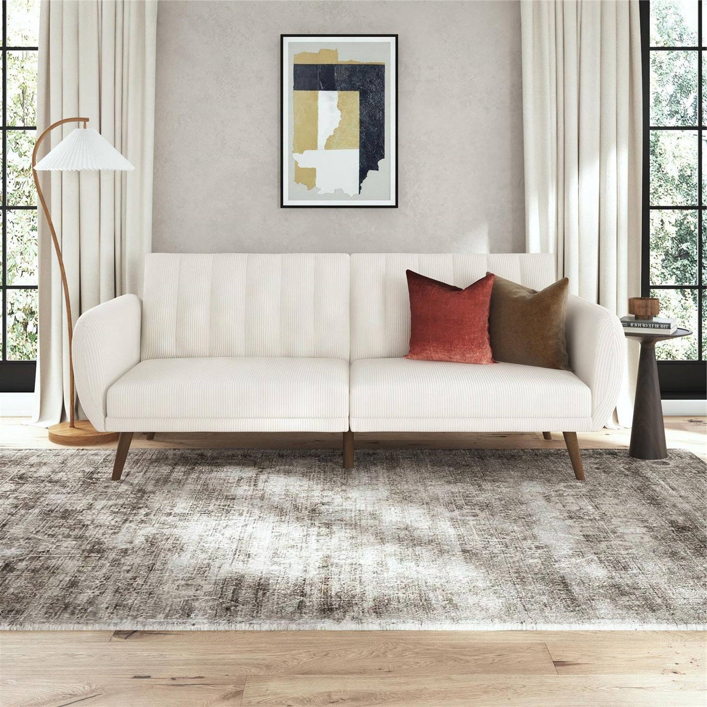 Ivory Corduroy Futon Sofa Bed with Modern Mid-Century Style Wooden Legs