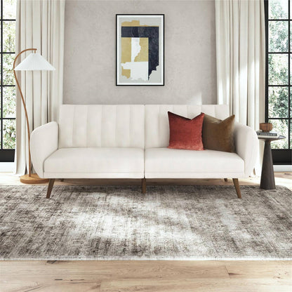 Ivory Corduroy Futon Sofa Bed with Modern Mid-Century Style Wooden Legs